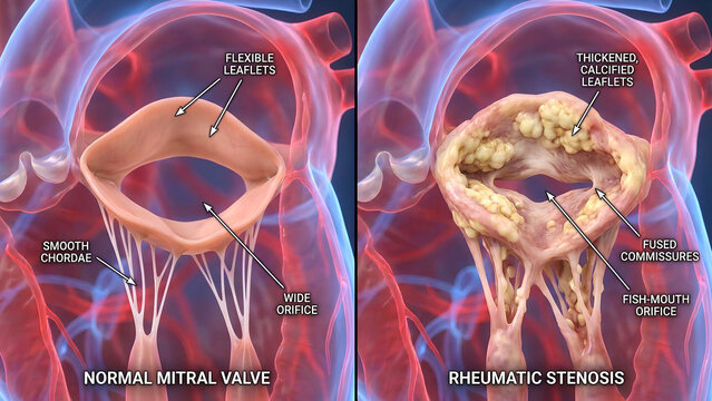 Medical illustration comparing a normal mitral valve and rheumatic mitral stenosis with calcified leaflets and fused commissures