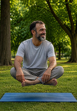 Smiling levitation: mature bearded man levitating and meditating cross-legged above yoga mat on grass in a green park, mindfulness and mental wellness concept, relaxing zen lifestyle surreal photo