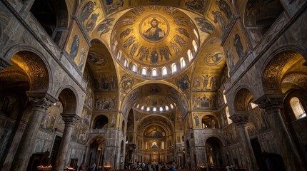 Naklejka premium Byzantine church interior with gold mosaic dome and cavernous ambient light