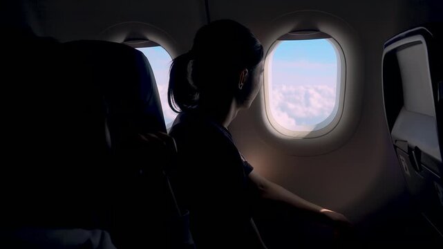 Children silhouettes near airplane window watching clouds and landscape below. Teen boy and girl seated in plane cabin enjoying view outside. Travel lifestyle quiet mood aviation journey