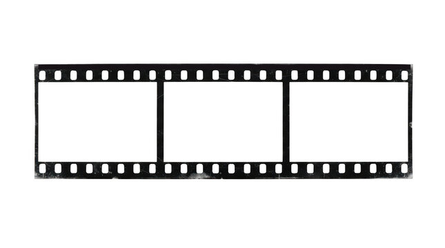 Black and white film strip frames with empty space isolated on transparent background