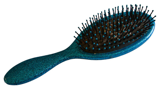 Sparkling teal hairbrush with blue-tipped bristles and accumulated hair