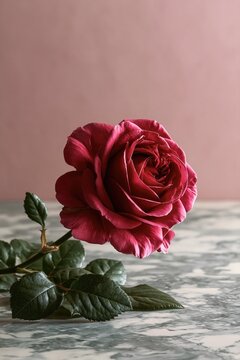 Burgundy red rose on grey and white marble surface