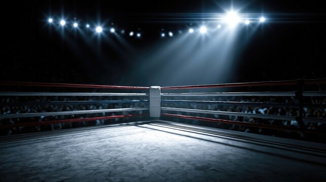 Boxing fight night ringside corner with empty backdrop and bright lights