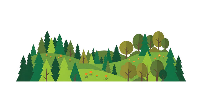 Flat vector illustration of a green forest landscape with rolling hills and various trees.