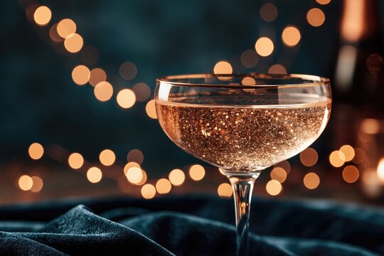 Champagne coupe glass with gold shimmer liquid on dark velvet