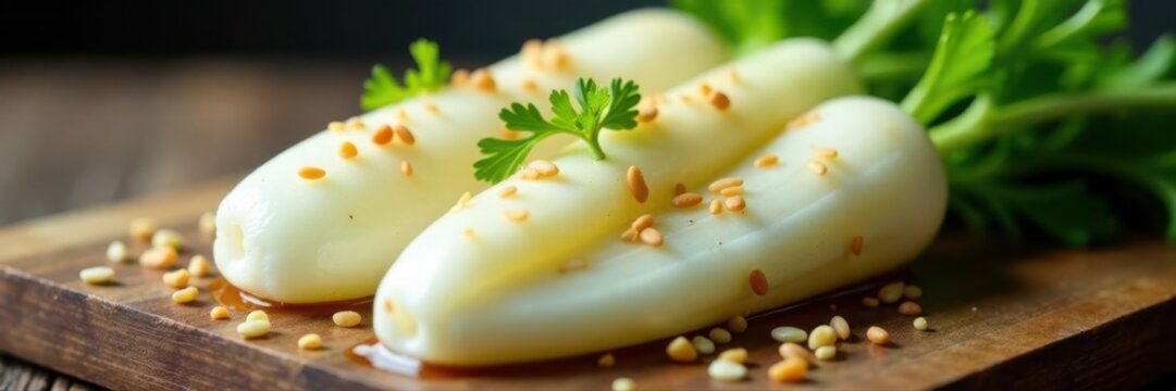 Bright white daikon, glistening pickle brine, sesame seeds, korean, pickle, texture