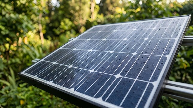 A small solar panel installed in a lush green garden to generate clean renewable energy for home use
