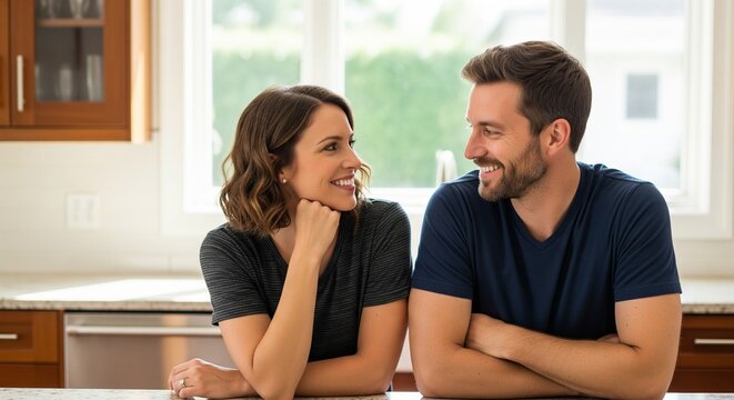 Happy couple in their kitchen smiling and looking at each other affectionately, enjoying time