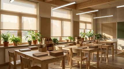 Fototapeta premium A well lit modern classsroom interior featuring wooden desks chairs and natural light from large windows