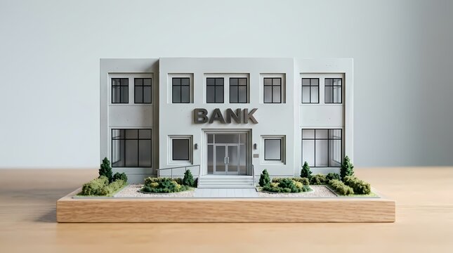 A small scale architectural model of a bank building sitting on a wooden base in a studio