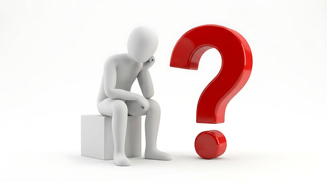 3D humanoid figure sitting and thinking next to a large red question mark symbol.