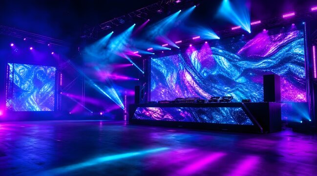 futuristic music concert stage with glowing geometric lights, colorful beams and immersive electronic atmosphere