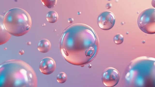 Iridescent spheres floating gently in soft pastel light with subtle camera drift and bokeh effect