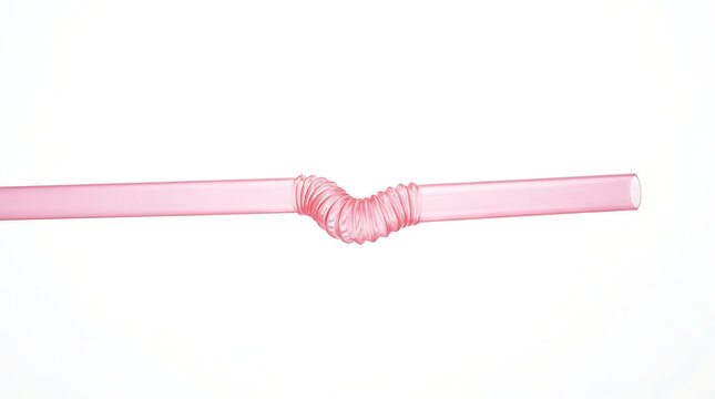Single pink plastic drinking straw with flexible bend isolated on white background