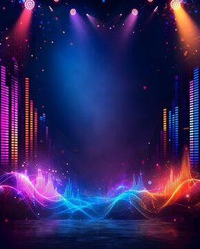 abstract neon music background with colorful equalizer bars, glowing sound waves and vibrant stage atmosphere