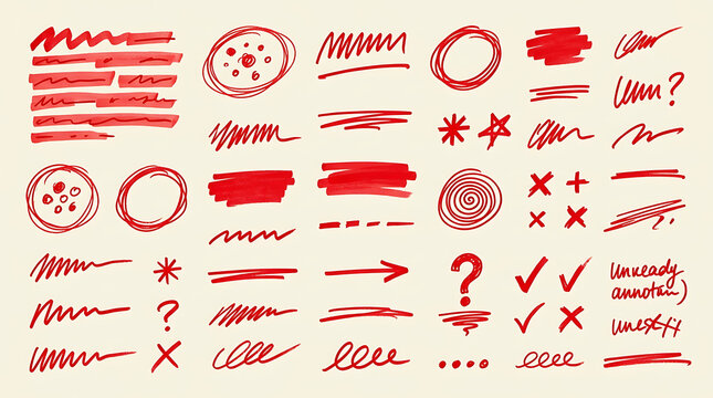 Collection of red hand drawn highlighter marks and doodle design elements on white background