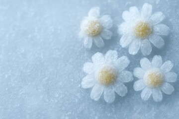 Obraz premium Four delicate frozen daisy flowers embedded inside a solid block of crystal clear ice.
