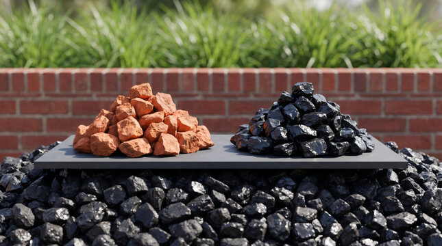 Rare earth mineral sample display with red and black stone pile. Global industrial metal material. sustainable geology science resource element, supply trade