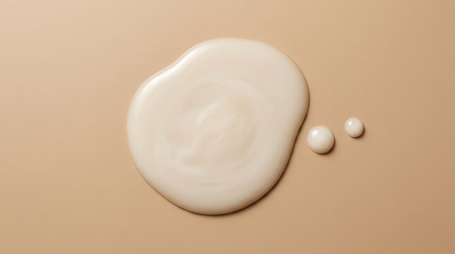 Creamy white cosmetic essence puddle on beige background for skincare product texture