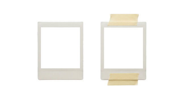 Two blank instant photo frames with masking tape isolated on transparent background