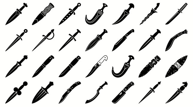 Set of ancient daggers and historical knives icons in black silhouette vector style