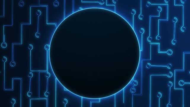 Blue circuit board with glowing circle frame and dark center, futuristic technology background in 4K 60fps loop.