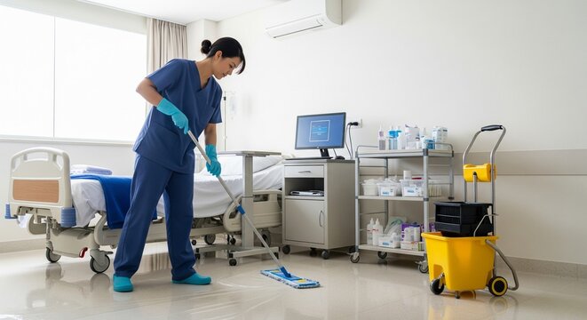 Hospital cleaner in blue scrubs and gloves mops the floor of a modern patient room with medical