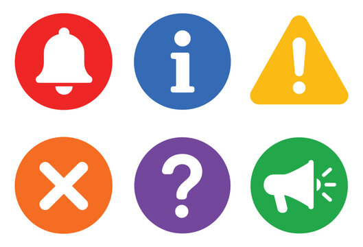 Information and warning sign collection with bright colors for help and alert notification.