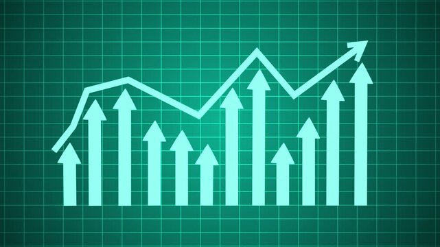 Growth chart with rising arrows and a curved line showing progress success and business increase animation