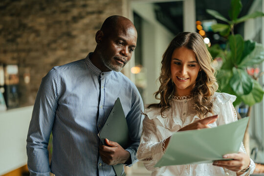 Diverse business partners reviewing documents collaborating in office