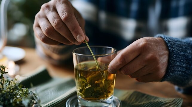 A person carefully steeping herbal tea leaves in a clear glass cup with a wooden table and green cloth nearby