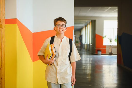 Schoolboy wearing glasses carrying books in hallway