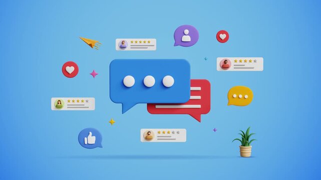 3D Digital Feedback Icon with Random User Ratings and Popups on Blue Background. Survey and Customer Feedback System Concept. User Experience and Review, Customer Satisfaction and Trust. 3D Video