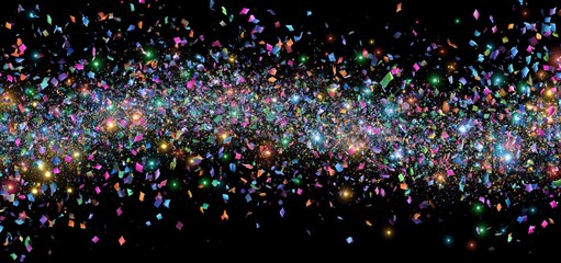 Naklejka premium Bright neon confetti explosion with sparkling highlights on a dark background, creating a lively, festive vibe.
