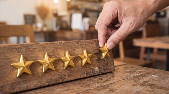 Customer Feedback Systems, A hand delicately places a glossy gold star on a customer feedback board