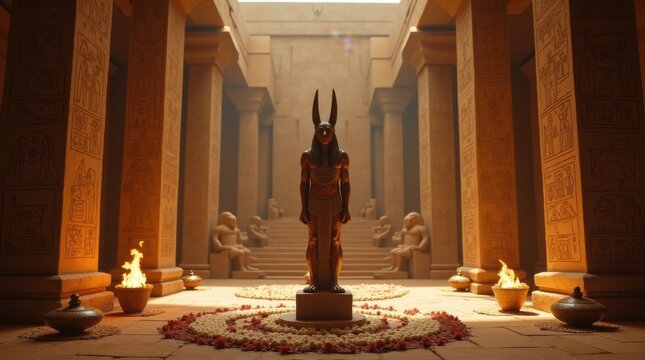 Estatua del dios egipcio Anubis de pie en el interior de un templo antiguo durante una ceremonia sagrada