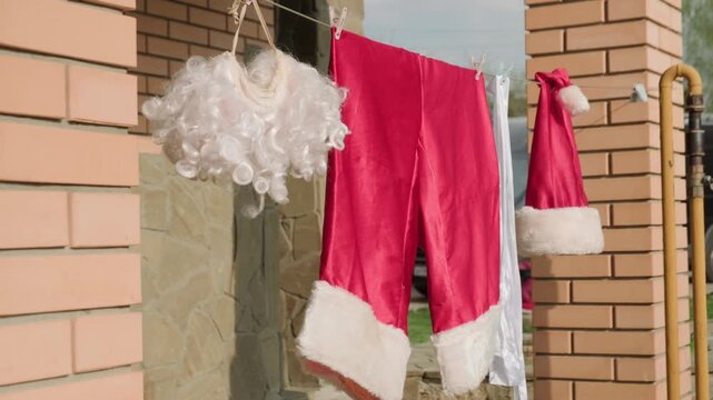 Santa Claus costume beard red hat hanging on clothesline outdoors in residence