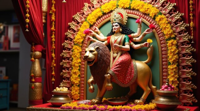 Estatua de la diosa hind&uacute; Durga montada en un le&oacute;n durante el Durga Puja, expuesta dentro de un pandal elaboradamente decorado