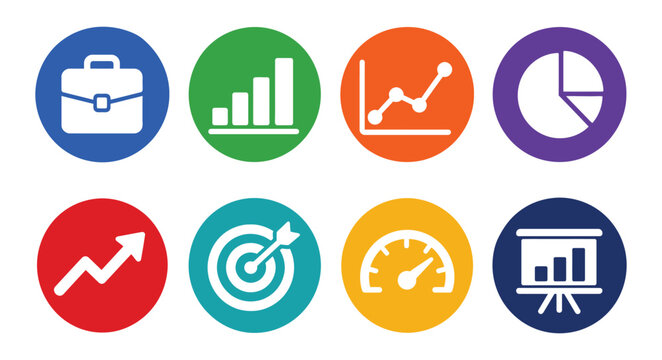 Business and finance flat design vector icons set for statistics presentation.