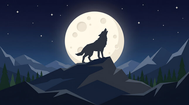 Wolf howling at full moon on mountain peak at night, vector illustration of wild animal.