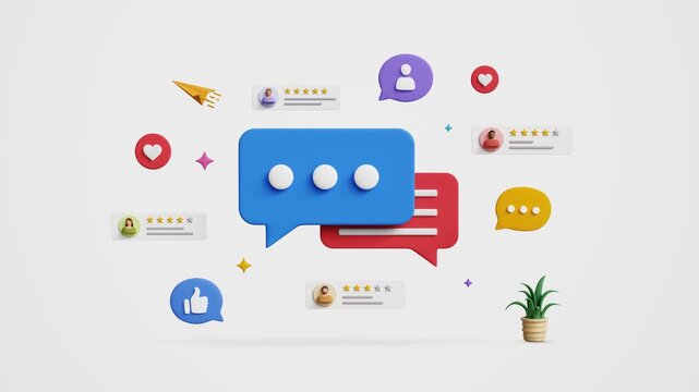 3D Digital Feedback Icon with Random User Ratings and Popups on White Background. Survey and Customer Feedback System Concept. User Experience and Review, Customer Satisfaction and Trust. 3D Video