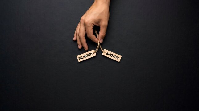 Hand holding wooden tags with voluntary benefits text on black