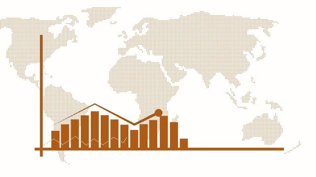 Business growth financial bar chart and line graph world map background, showing business growth data analysis animation