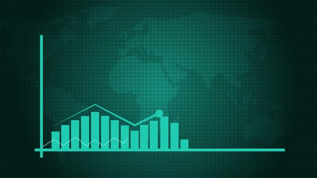 Business growth financial bar chart and line graph world map background, showing business growth data analysis animation