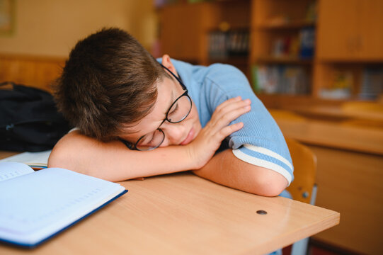 Stressed schoolboy sleeping at desk in classroom