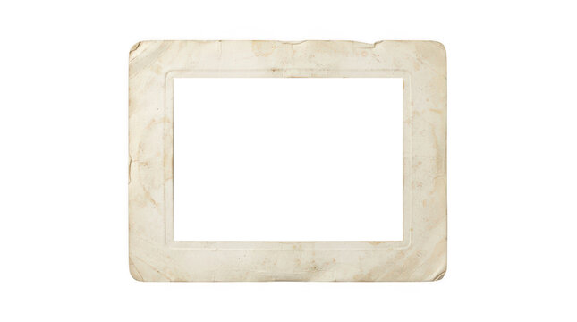 Vintage blank photo frame with worn paper texture edges isolated on transparent background