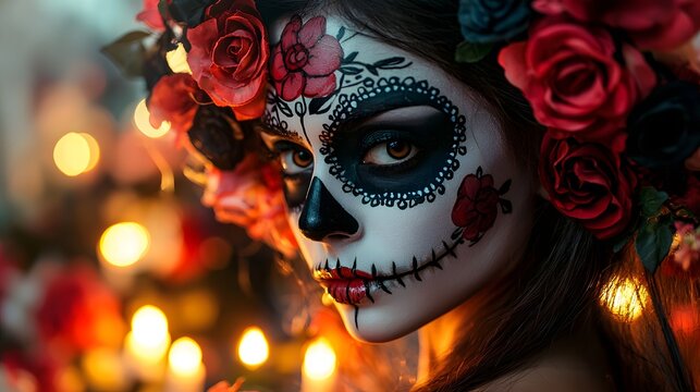 La Catrina with mask, makeup, and flower decorations
