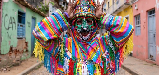 Naklejka premium A person in colorful traditional costume and mask poses amid charming northeastern Brazilian houses during a lively cultural celebration.