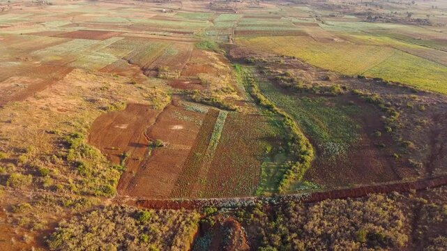 Aerial drone footage of farmland bordering wildlife conservation land in Amboseli, Kenya, illustrating human-wildlife coexistence, land use, agriculture, habitat boundaries and conservation challenges